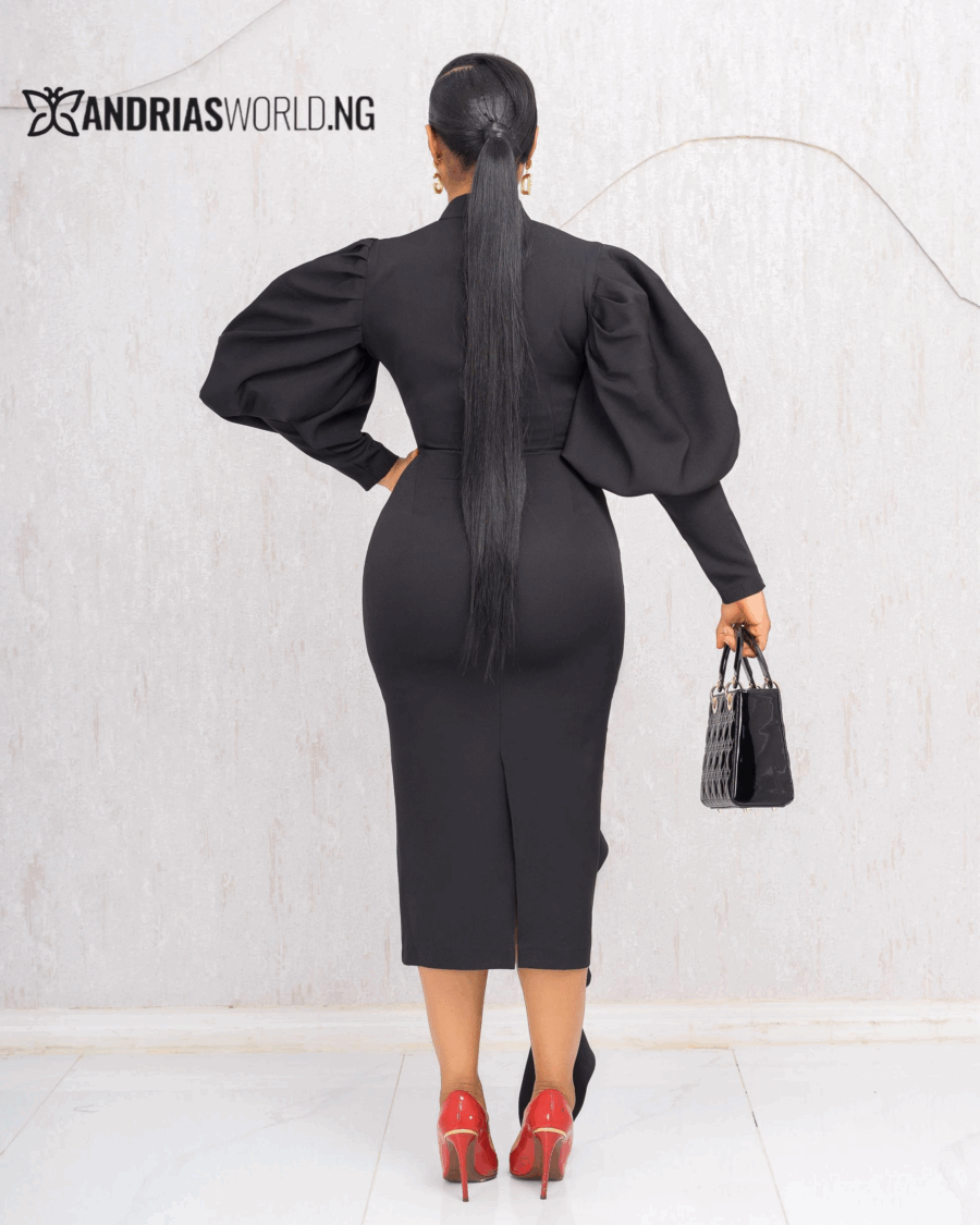 BLACK MIDI DRESS WITH SIDE FRILLS (EXCLUDING BROOCH)